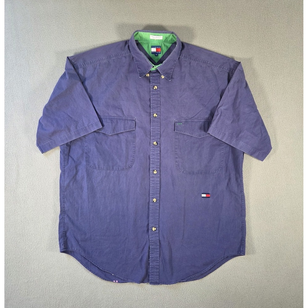 Vintage Tommy Hilfiger Shirt Mens XL Blue Cotton Short Sleeve Button Down Flag